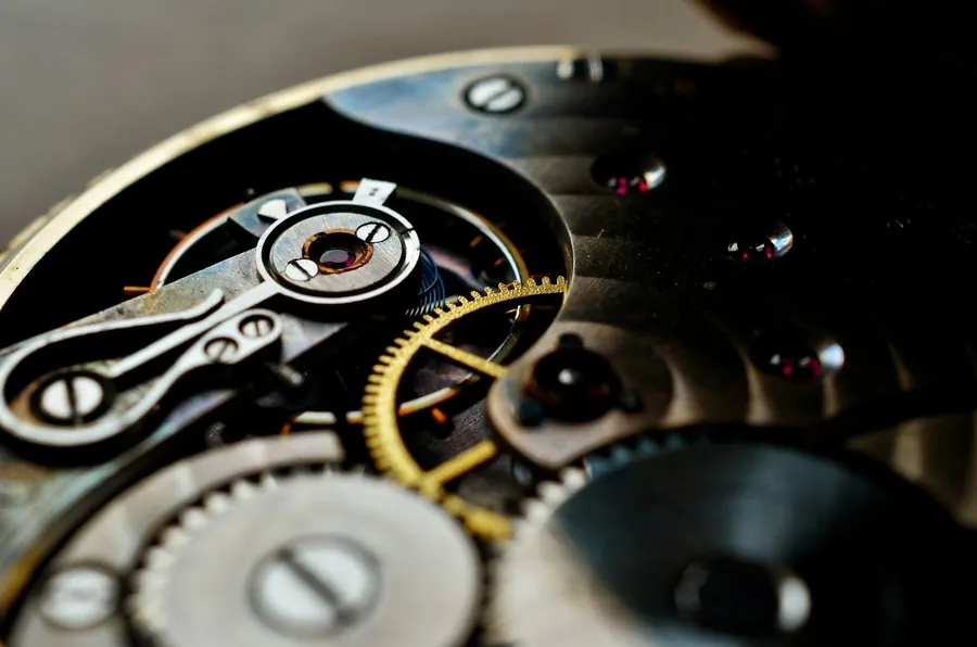 The exposed gear train of an automatic calibre.